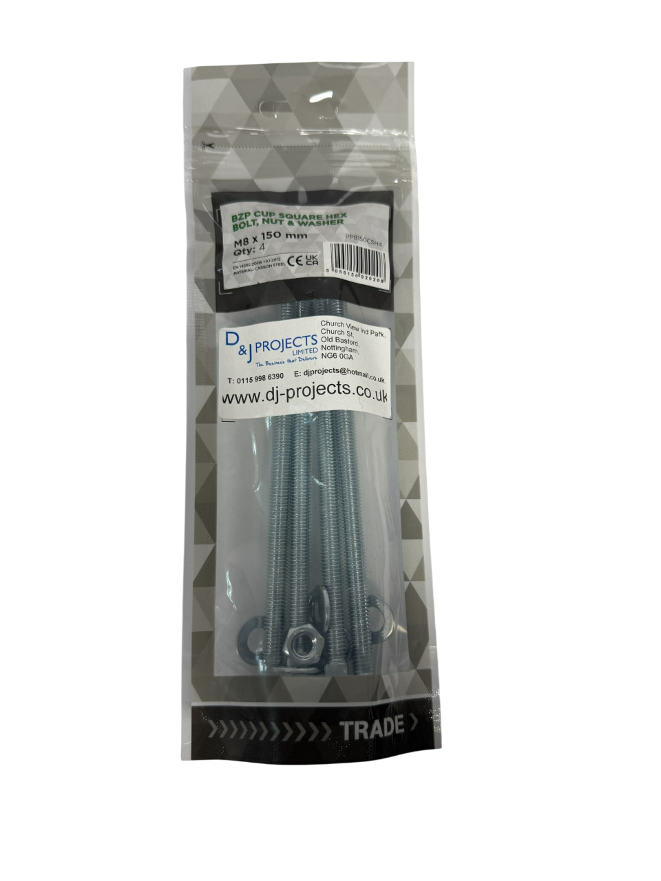 Samac M8 x 150 BZP Cup square hex bolt, nut & washer (pack of 4)