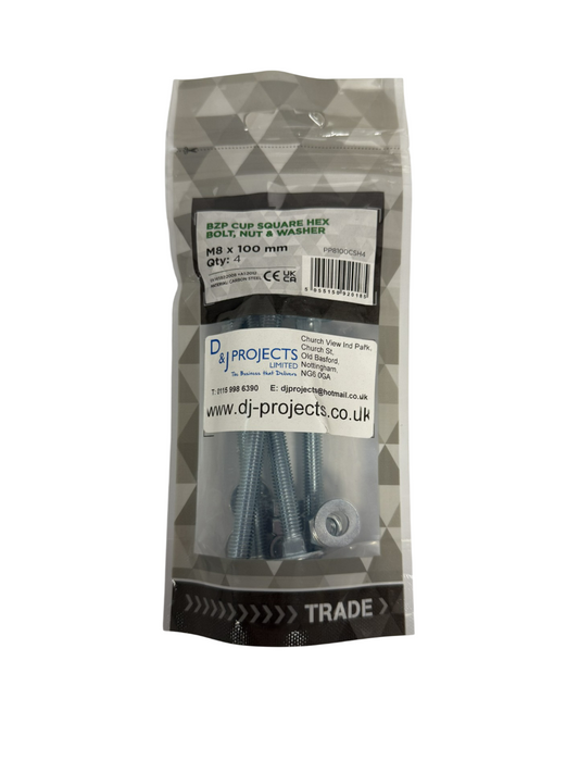 Samac M8 x 100 BZP Cup square hex bolt, nut & washer (pack of 4)