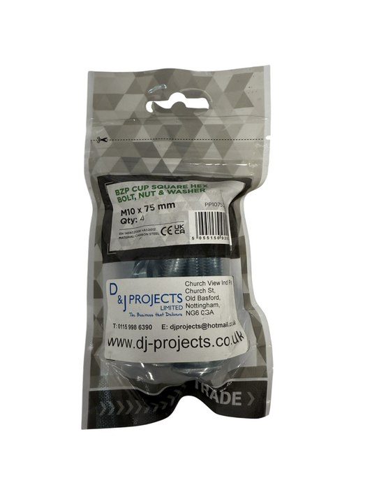 Samac M10 x 75 BZP Cup square hex bolt, nut & washer (pack of 4)
