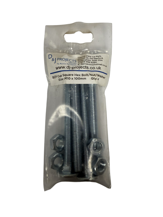 Samac M10 x 100 BZP Cup square hex bolt, nut & washer (pack of 4)