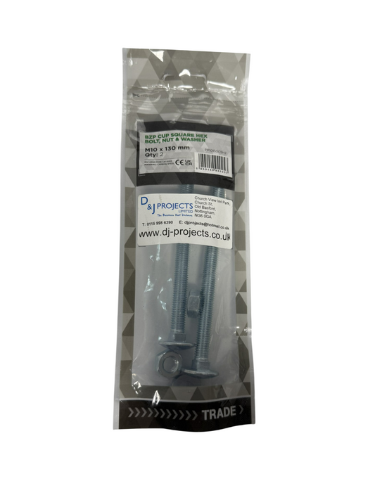 Samac M10 x 130 BZP Cup square hex bolt, nut & washer (pack of 2)