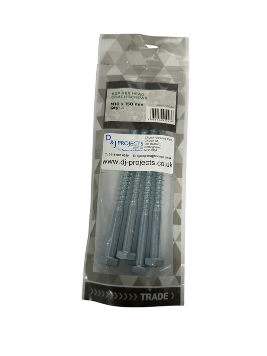 M10x150mm BZP Hex Hd Coach Screws (4)