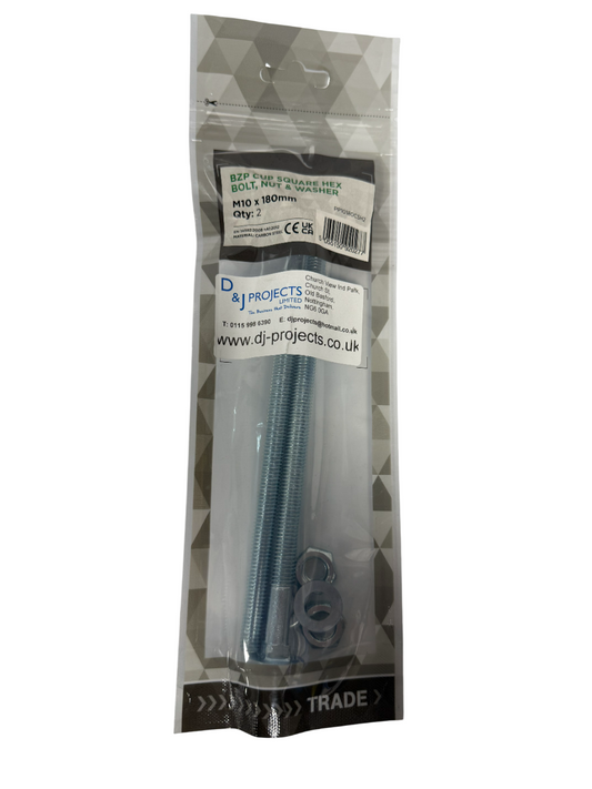 Samac M10 x 180 BZP Cup square hex bolt, nut & washer (pack of 2)